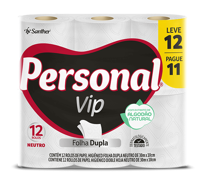 PAPEL HIGIÊNICO VIP FOLHA DUPLA NEUTRO 30M LEVE 12 PAGUE 11 PERSONAL