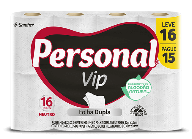 PAPEL HIGIÊNICO VIP FOLHA DUPLA NEUTRO 30 METROS LEVE 16 PAGUE 15 PERSONAL