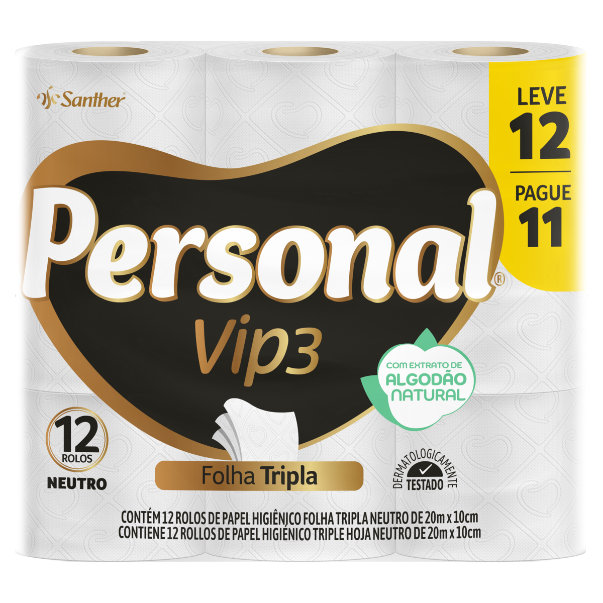 PAPEL HIGIÊNICO VIP FOLHA TRIPLA NEUTRO 20M LEVE 12 PAGUE 11 PERSONAL