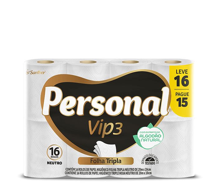 PAPEL HIGIÊNICO VIP FOLHA TRIPLA NEUTRO 20 METROS LEVE 16 PAGUE 15 PERSONAL